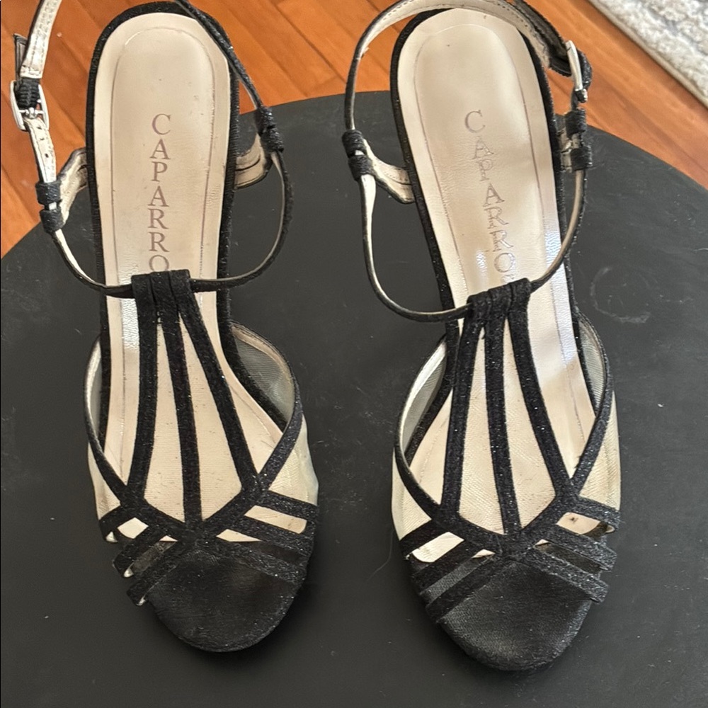 Black Stiletto heels formal sandals with slight sparkle in fabric